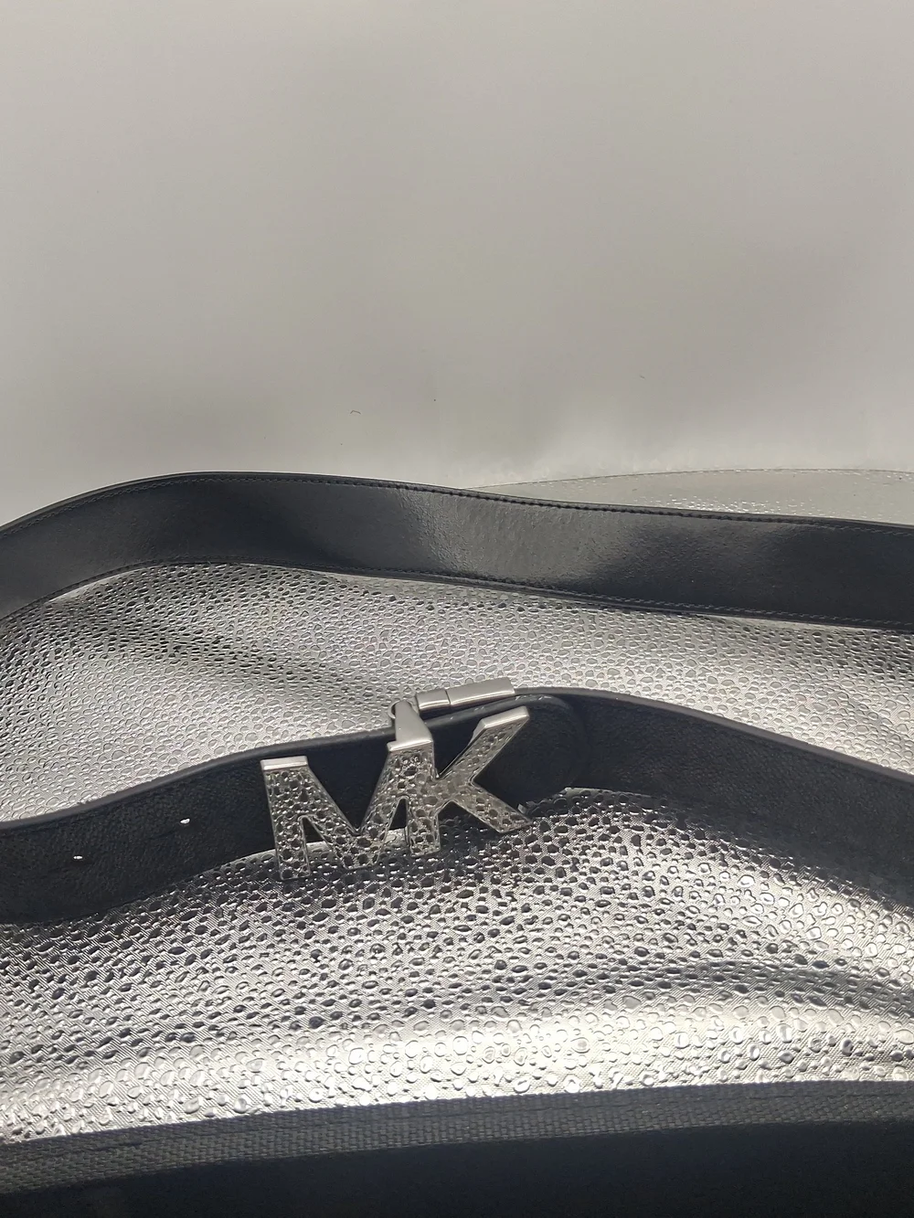 Michael Kors Black Leather Belt with MK Silver Buckle